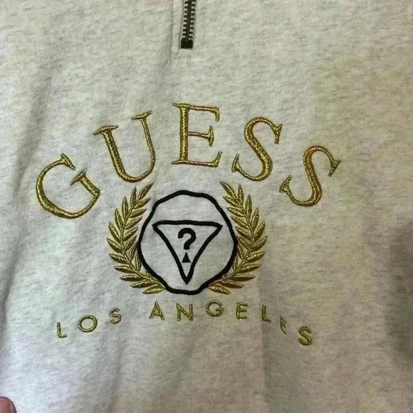 GUESS cropped cream 1/4 zip sweatshirt. Raised stitching in gold. Size Large. - Picture 3 of 7